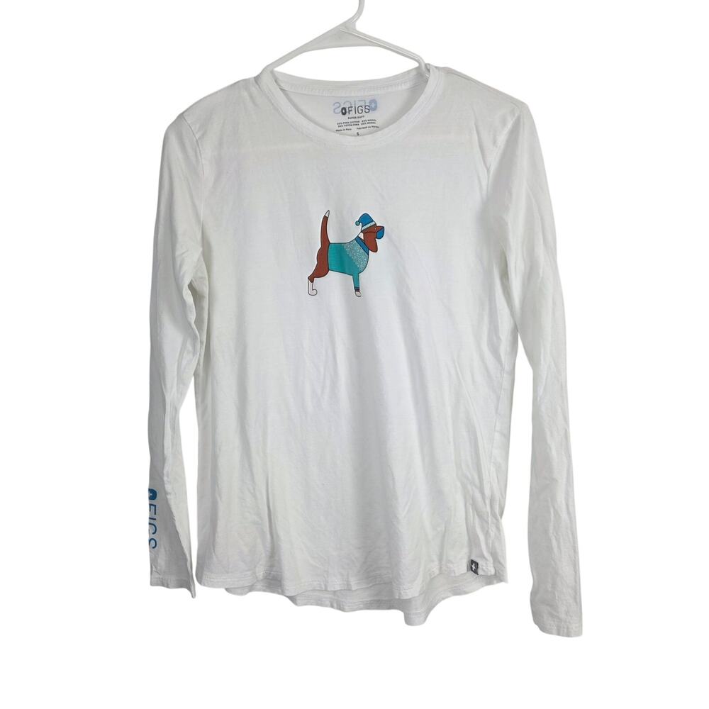 Figs Super Soft Long‎ Sleeve Top Puppy Dog Medical Wear Hospital S Womens White
